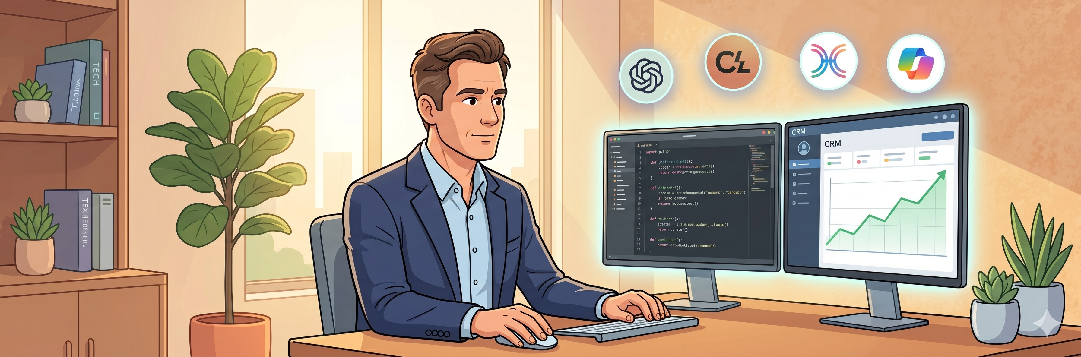 Builder at work — professional at a desk with code and CRM dashboard alongside floating AI tool icons