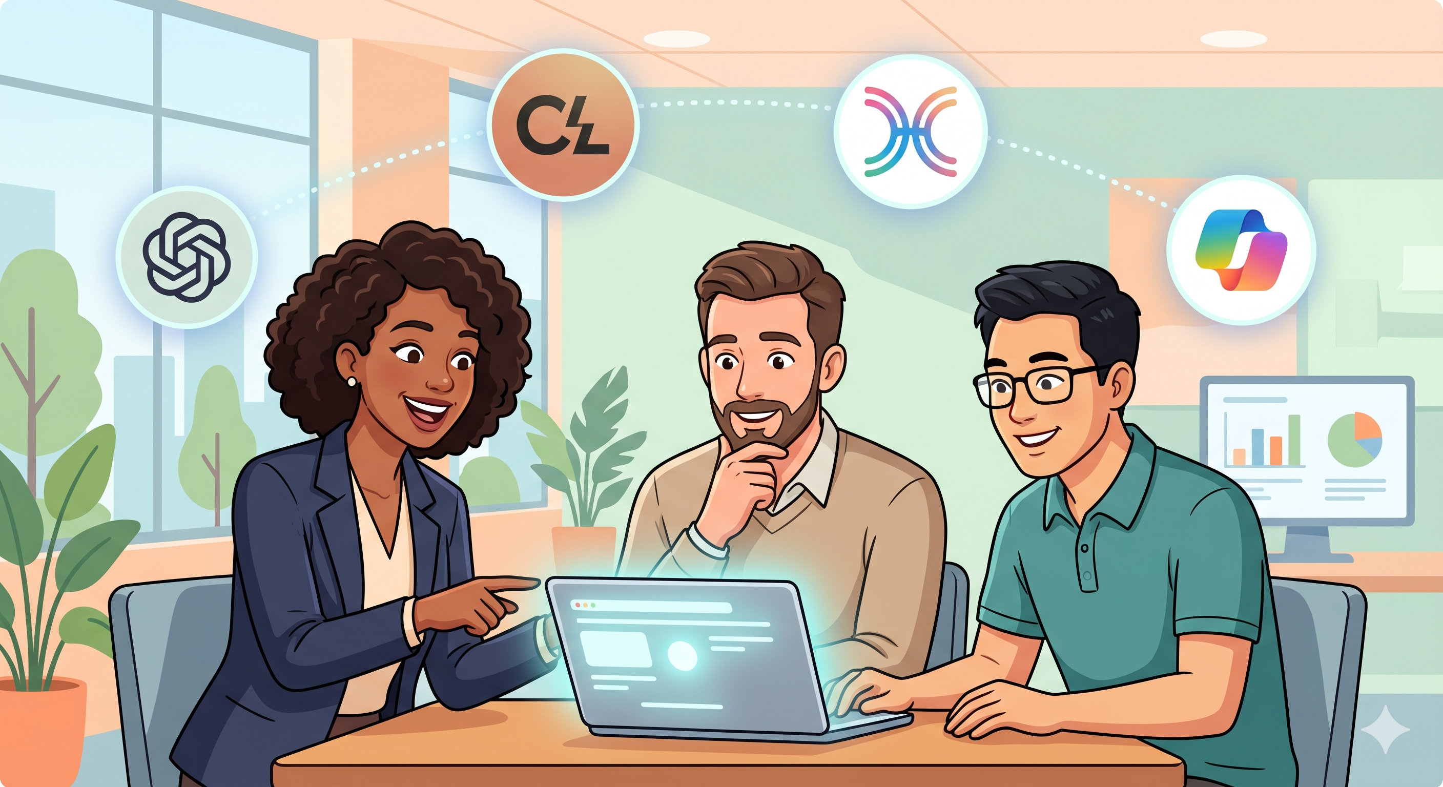 Diverse business professionals collaborating around a laptop with AI tools — ChatGPT, Claude, Gemini, Microsoft Copilot